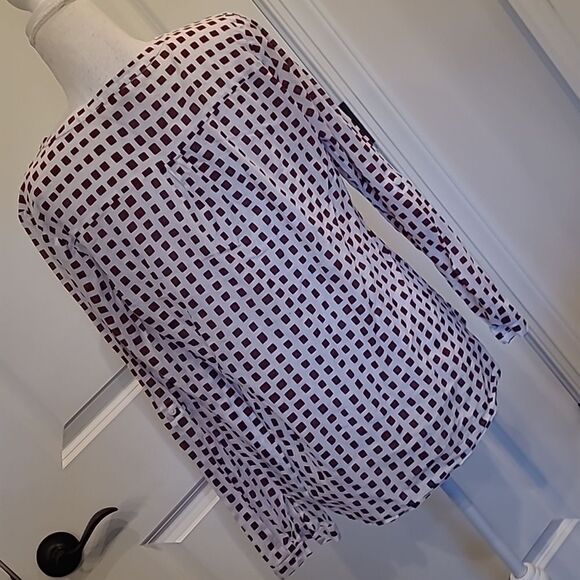 LOFT sz S 100% Cotton White and Brown Button Down Shirt - Picture 4 of 8